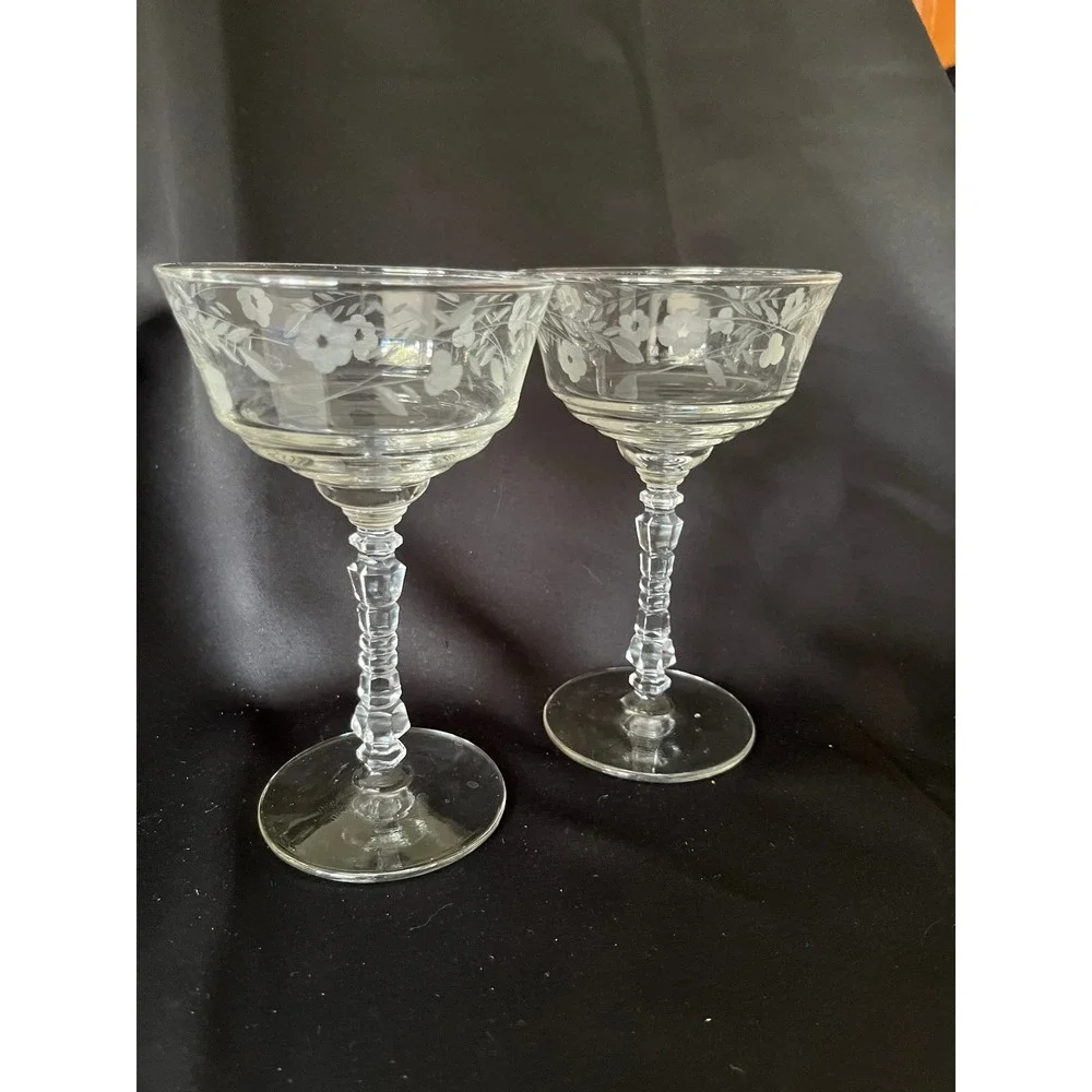 Libbey Rock Sharpe Halifax Etched Crystal Champagne Coupe Sherbet Glasses Set 2